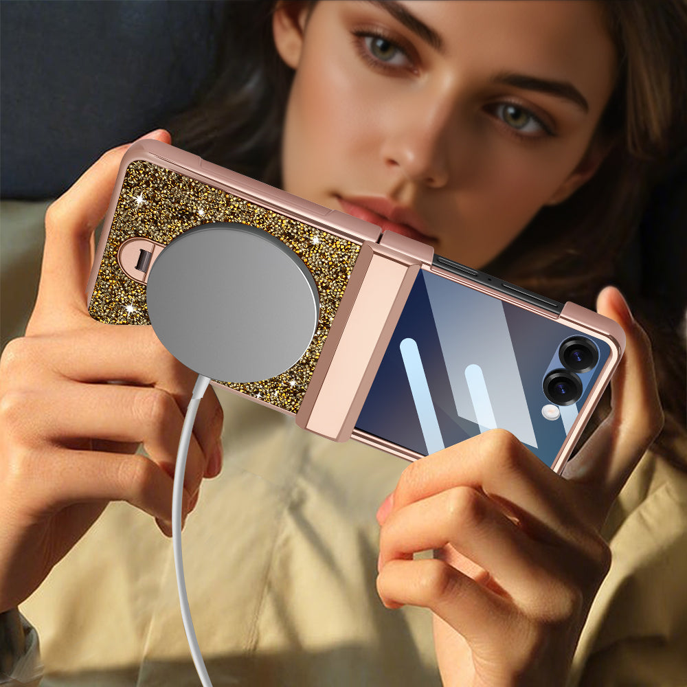 Woman holding a Samsung Galaxy Z Flip phone in a champagne gold glitter case connected to a magnetic wireless charger.