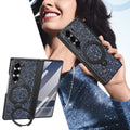 Woman holding a blue luxury glitter phone case for Samsung Galaxy Z Fold in hands-on view showcasing rear camera cutout and ring stand.