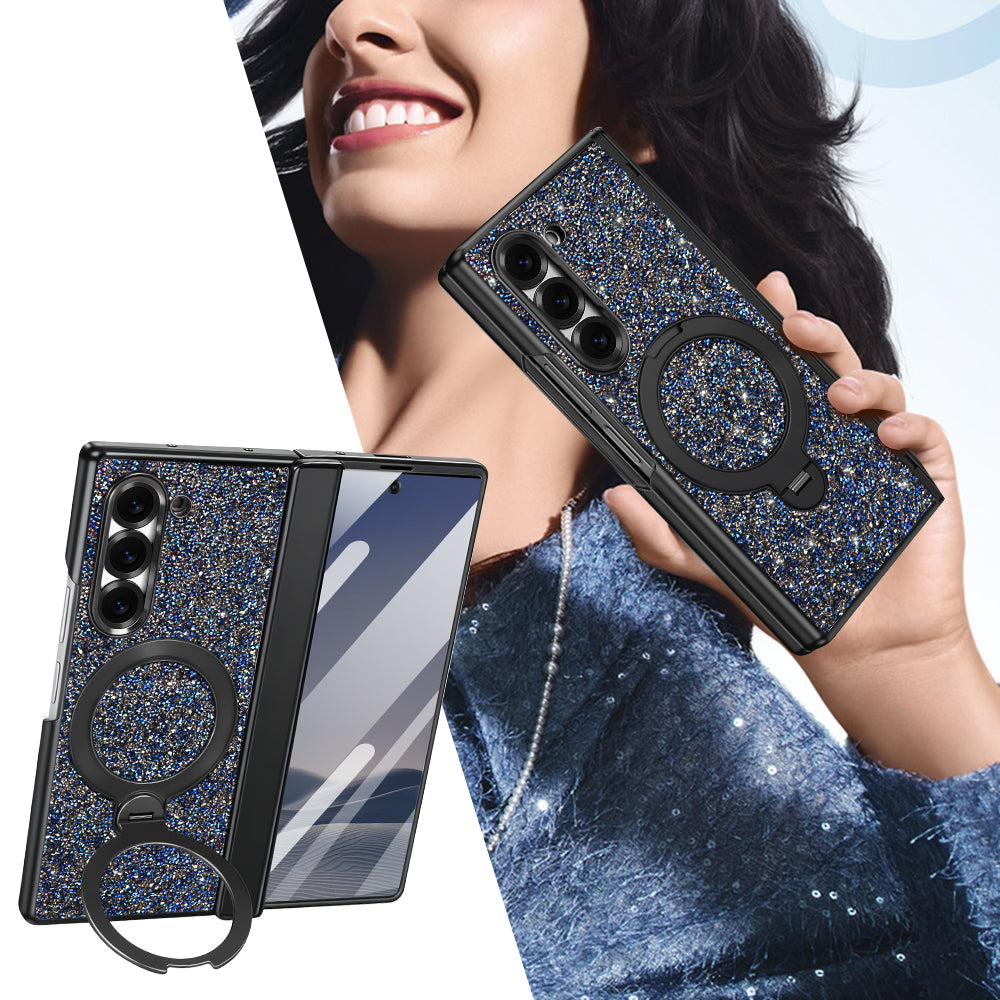 Woman holding a blue luxury glitter phone case for Samsung Galaxy Z Fold in hands-on view showcasing rear camera cutout and ring stand.