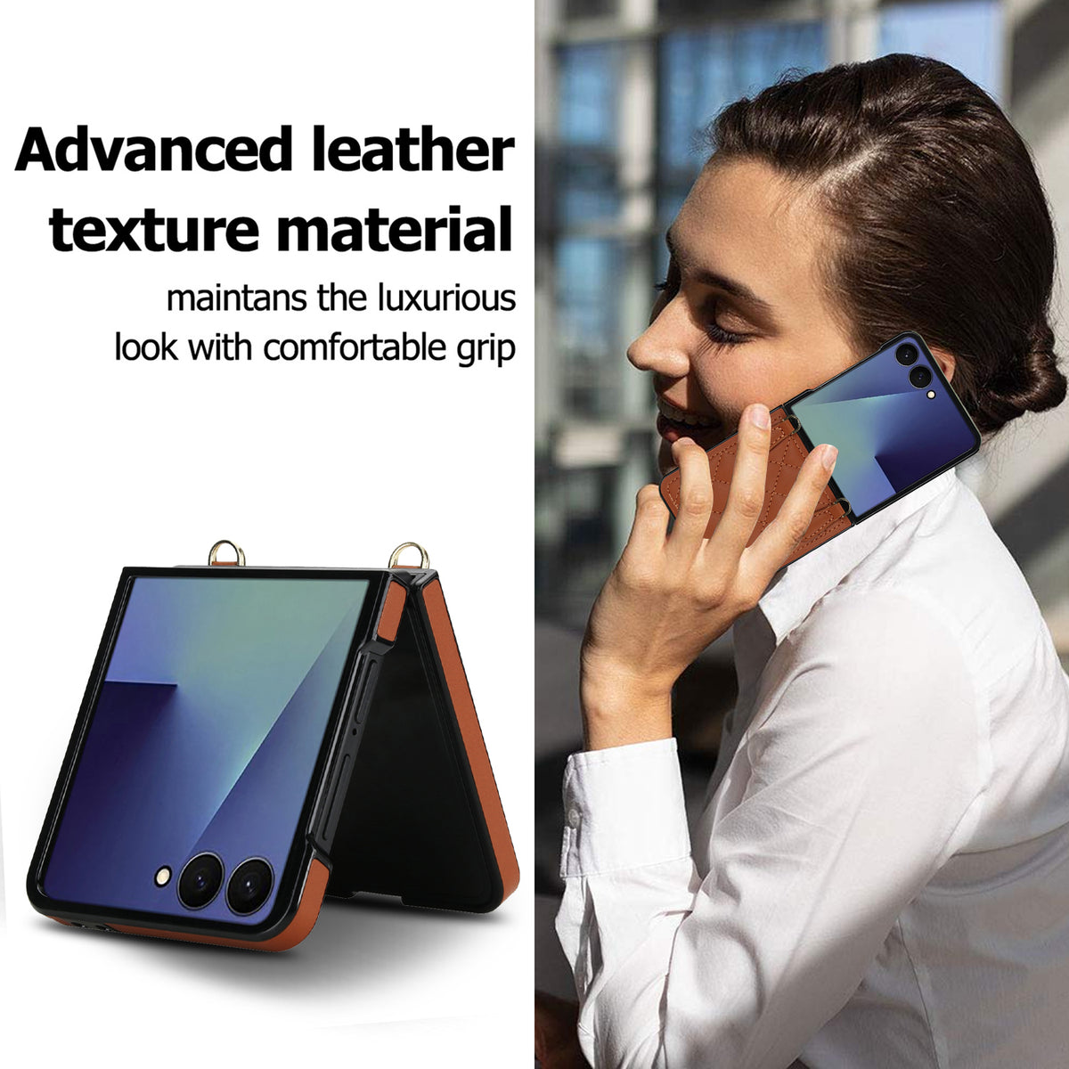 Woman holding a brown leather Samsung Galaxy Z Flip folding phone case demonstrating comfortable ergonomic grip