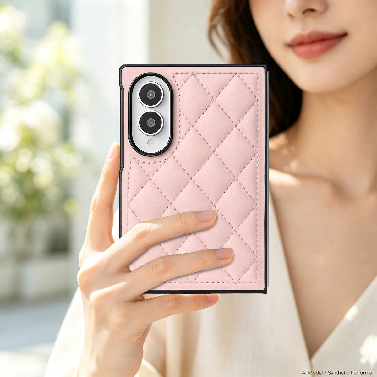 Woman holding a folded Galaxy Z Fold 8 in a dusty pink diamond quilted leather case