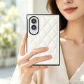 Woman holding an off-white quilted diamond leather case on a Samsung Galaxy Z Fold 8