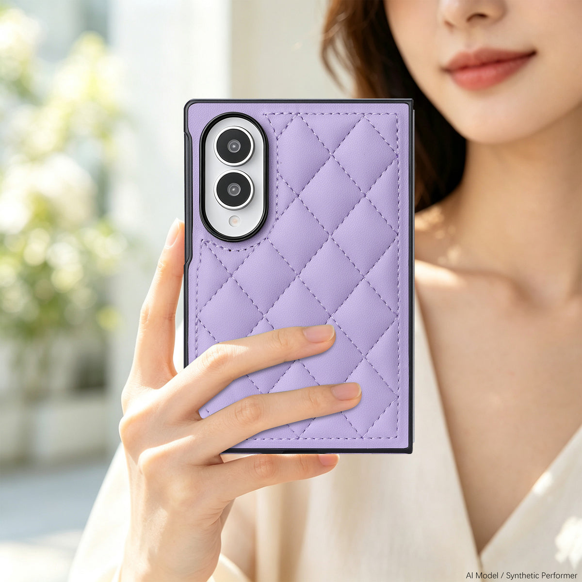 Woman holding a pastel lavender purple diamond quilted leather case on a Samsung Galaxy Z Fold 8