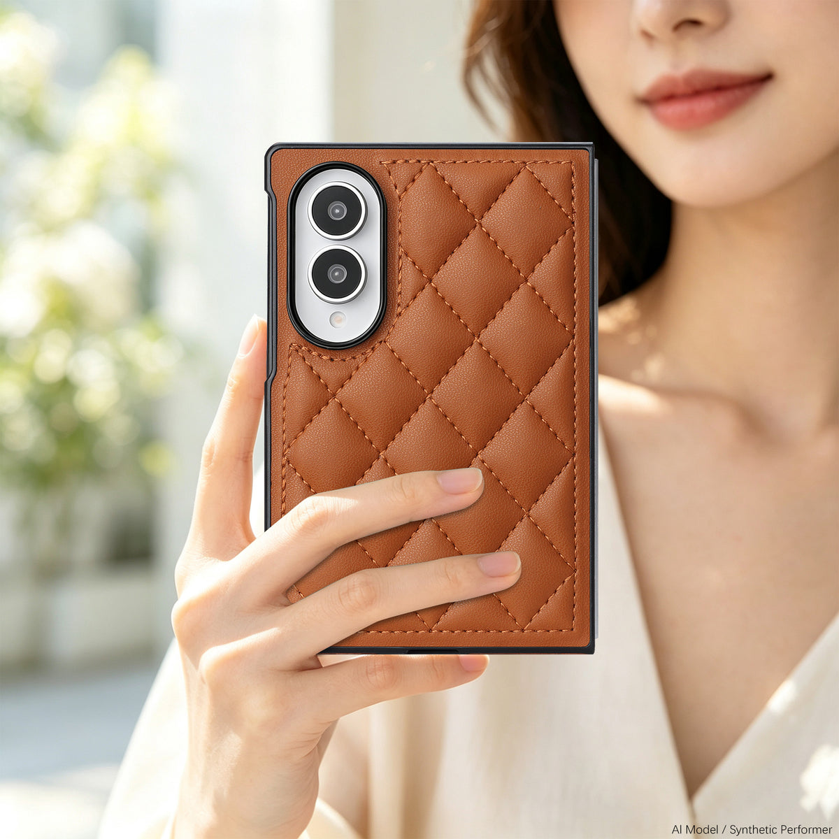 Woman holding a saddle brown quilted diamond leather case on a folded Samsung Galaxy Z Fold 8.