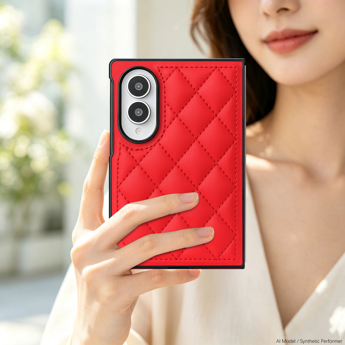 Woman holding a vibrant crimson red quilted diamond leather case on a folded Samsung Galaxy Z Fold 8