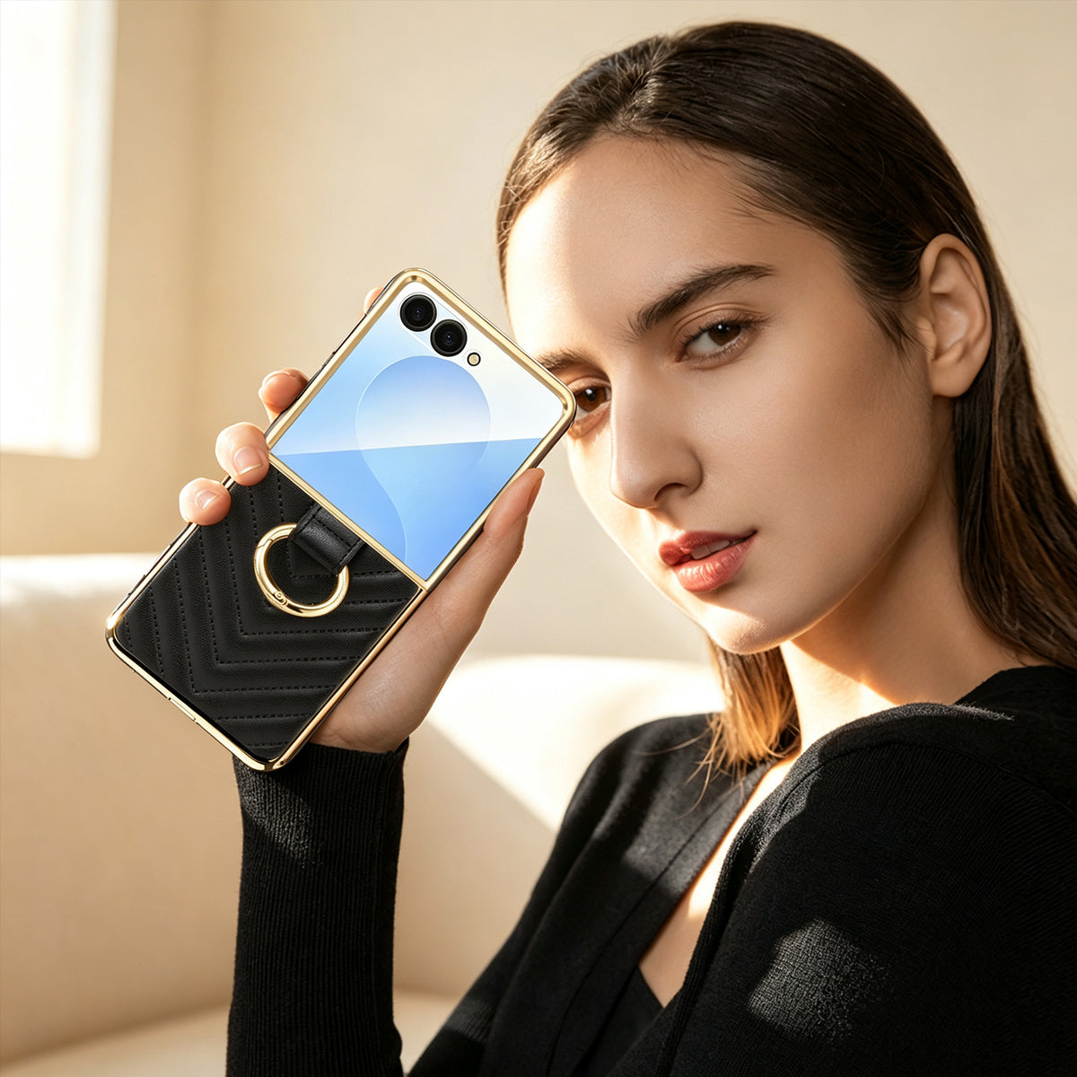 Woman holding black luxury chevron leather ring case on Samsung Galaxy Z Flip phone