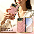 Woman holding pink chevron quilted leather case for iPhone DUO showcasing electroplated gold frame and finger ring clasp.