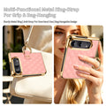 Woman holding pink quilted leather iPhone DUO case using gold ring strap and case hung on purse strap