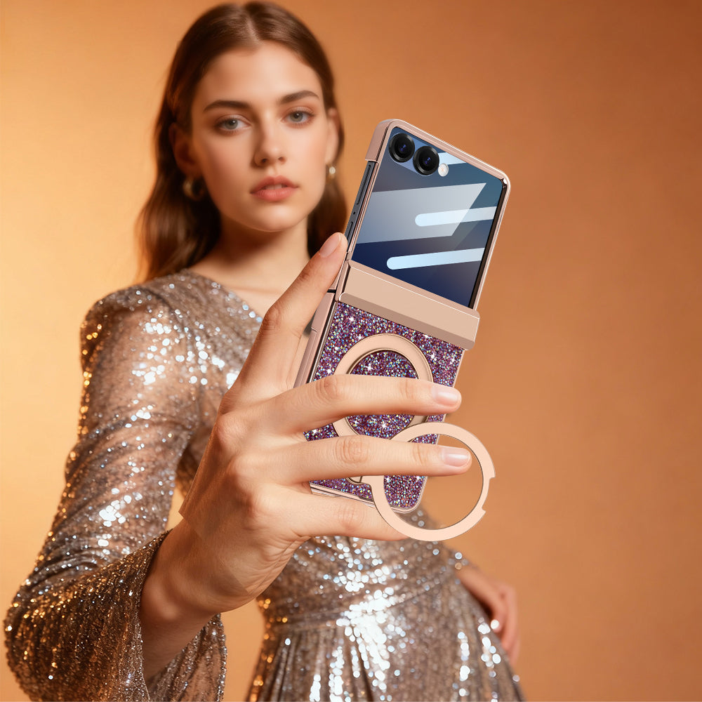 Woman in a sequin dress holding a purple glitter case for Samsung Galaxy Z Flip with her finger through the 360-degree rotating ring grip.
