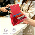 Woman opening red leather Samsung Galaxy Z Flip wallet case showing 6 RFID protected card slots at store counter