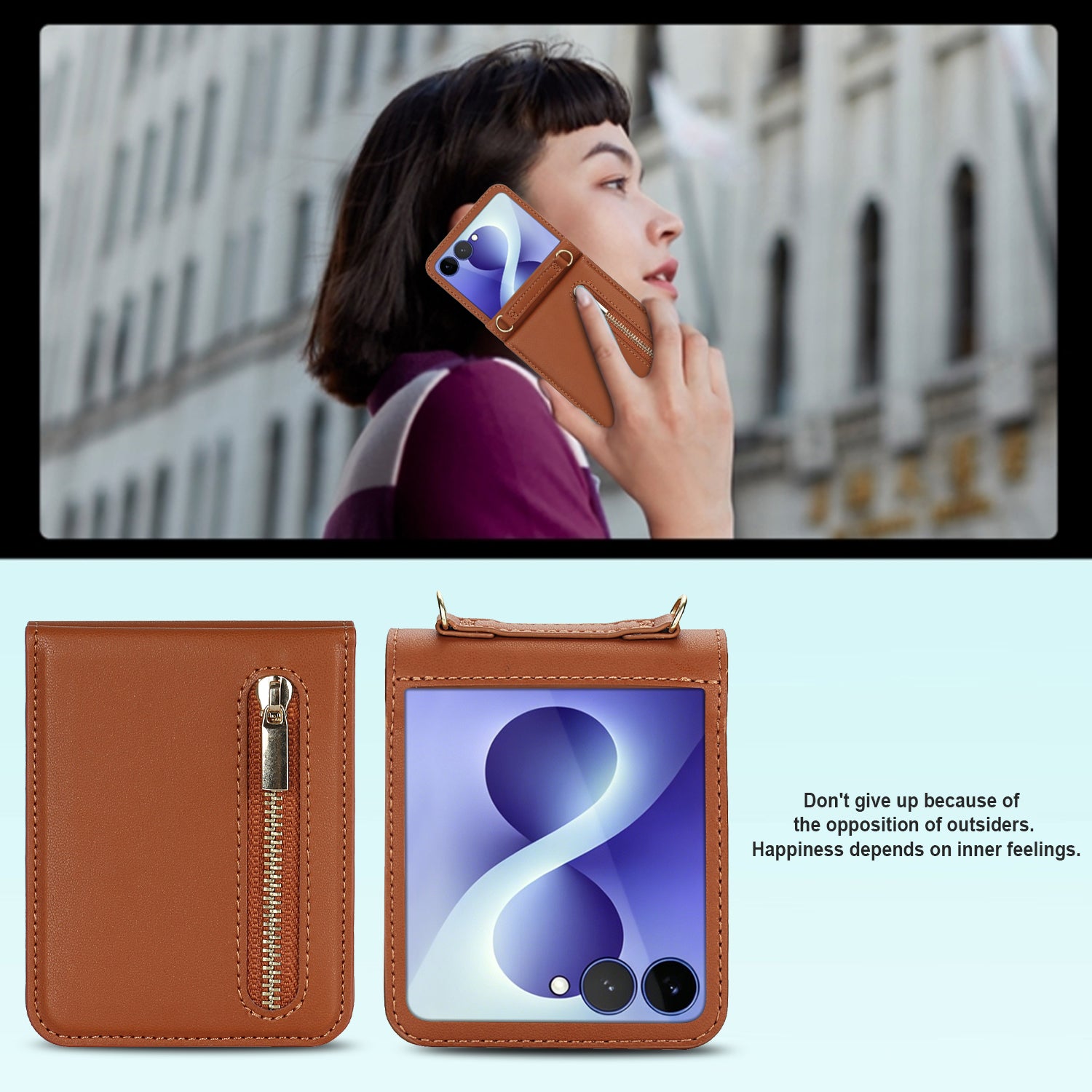 Woman talking on phone holding brown leather Samsung Galaxy Z Flip case with integrated zipper pocket.⁠