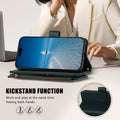 Woman using green leather iPhone zipper wallet case in kickstand mode at 45 degree angle on office desk