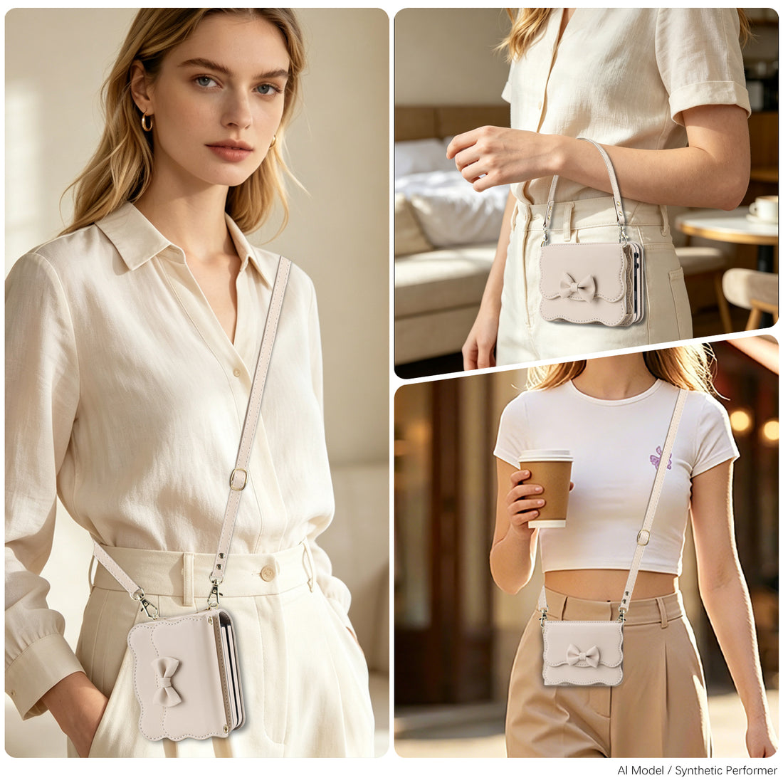 Woman wearing apricot leather crossbody wallet case for Samsung Galaxy Z Flip in handbag and shoulder strap configurations
