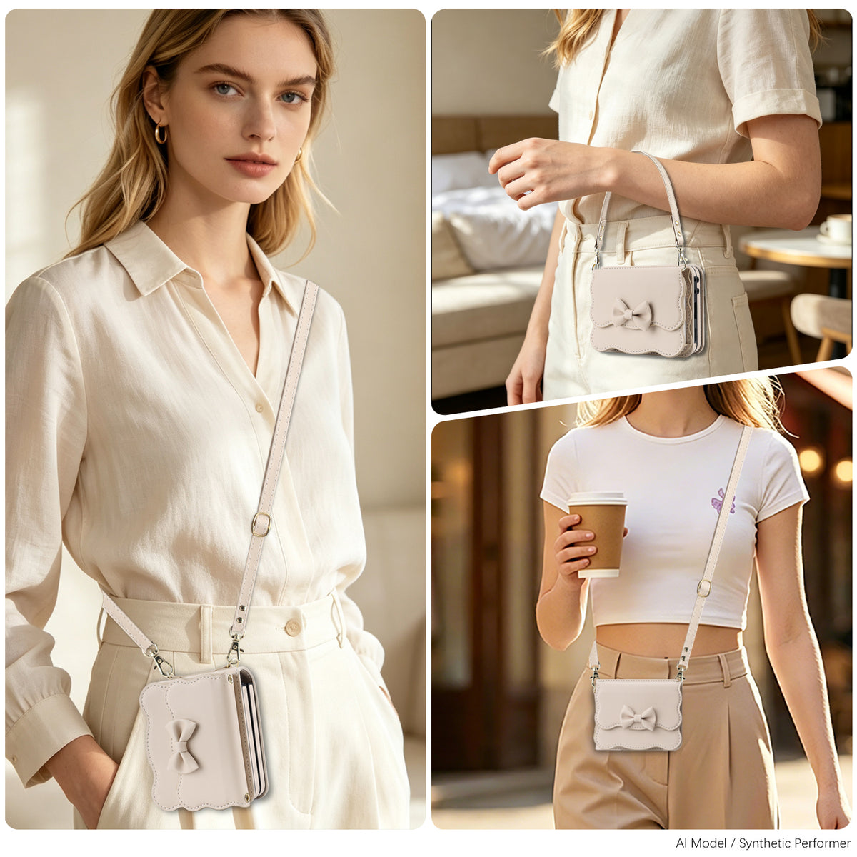 Woman wearing apricot leather crossbody wallet case for Samsung Galaxy Z Flip in handbag and shoulder strap configurations