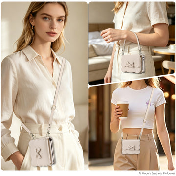 Woman wearing apricot leather crossbody wallet case for Samsung Galaxy Z Flip in handbag and shoulder strap configurations