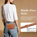 Woman wearing brown leather iPhone DUO crossbody case with adjustable strap ranging from 46 to 92 inches