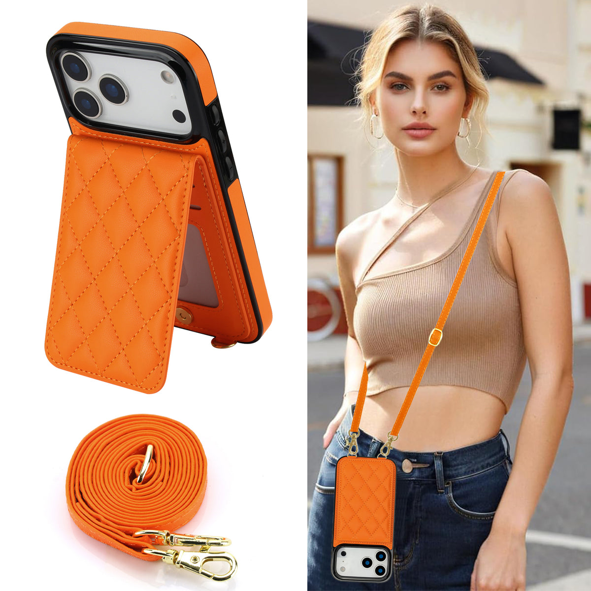 Woman wearing orange quilted leather crossbody phone wallet case with adjustable shoulder strap