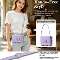 Woman wearing purple Samsung Galaxy Z Flip leather crossbody wallet case with adjustable 46 to 92 inch shoulder strap