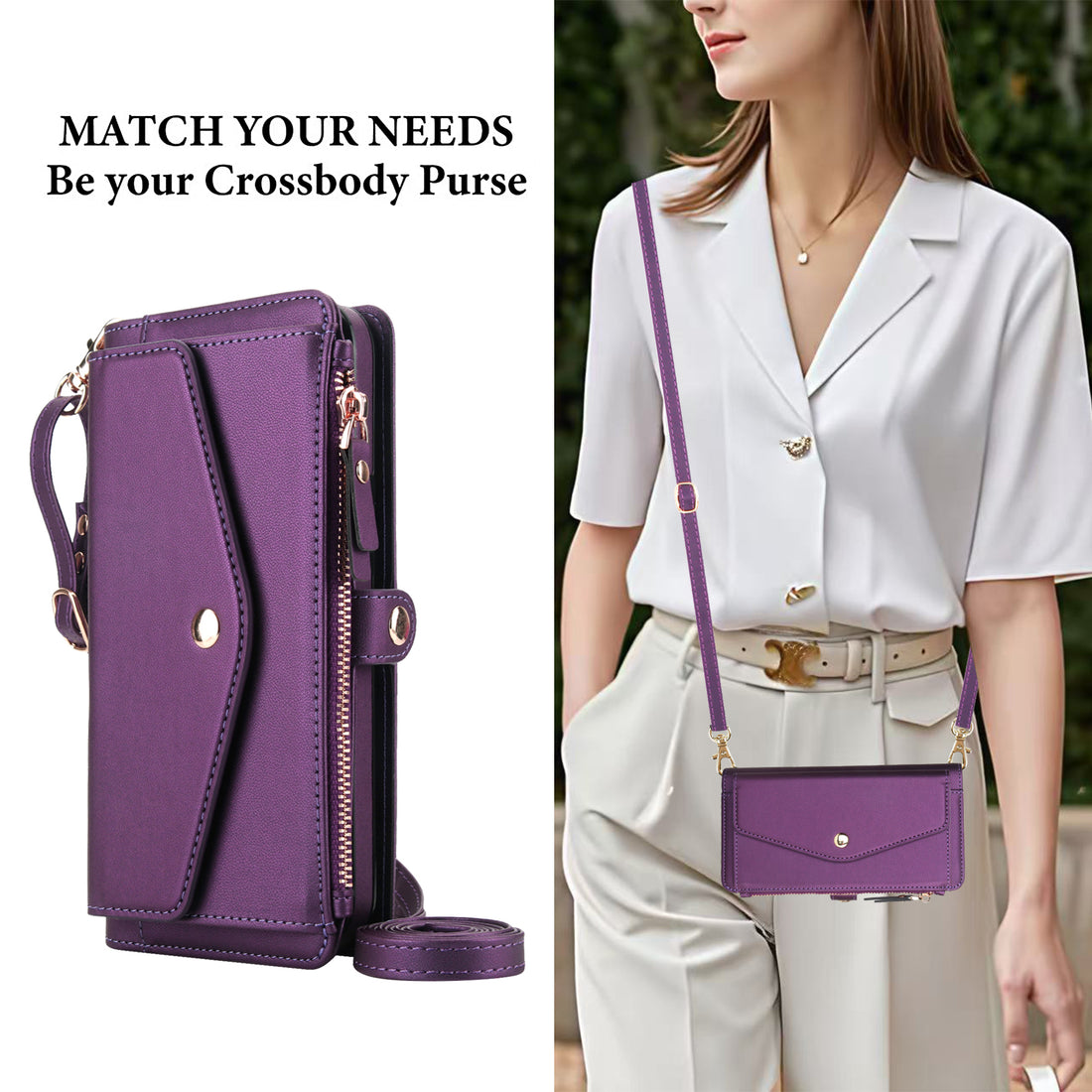 Woman wearing purple leather crossbody purse case with long shoulder strap attached.