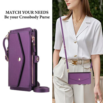 Woman wearing purple leather crossbody purse case with long shoulder strap attached.