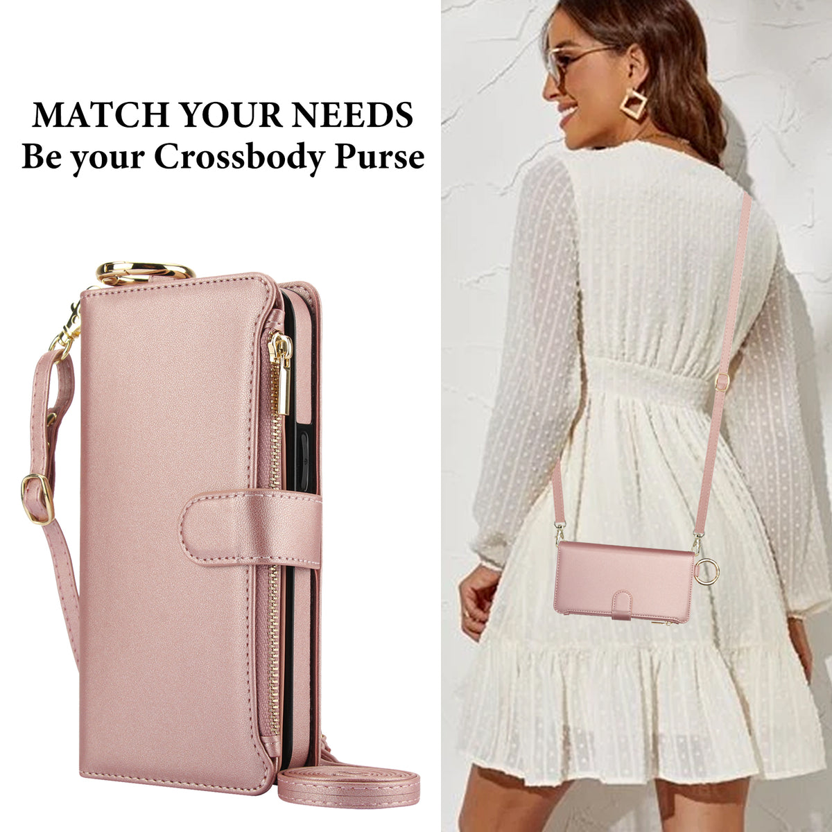 Woman wearing rose gold crossbody phone purse with adjustable shoulder strap