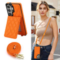 Woman wearing vibrant orange quilted leather crossbody phone wallet case with adjustable shoulder strap