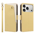 Yellow pebbled leather smartphone wallet case. The front, with its diagonal yellow and cream design and gold-tone button snap, is on the left next to a matching wrist lanyard.