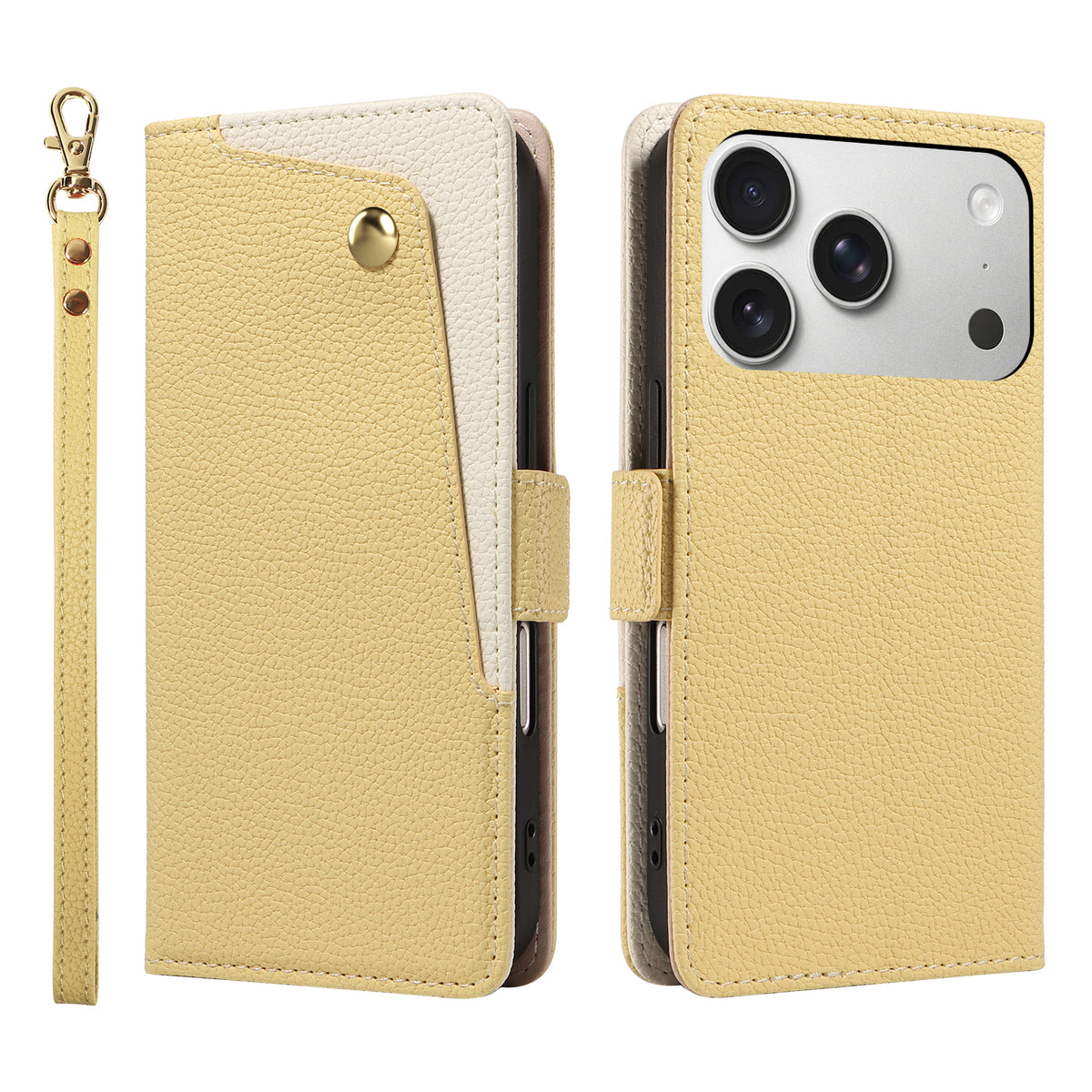Yellow pebbled leather smartphone wallet case. The front, with its diagonal yellow and cream design and gold-tone button snap, is on the left next to a matching wrist lanyard.