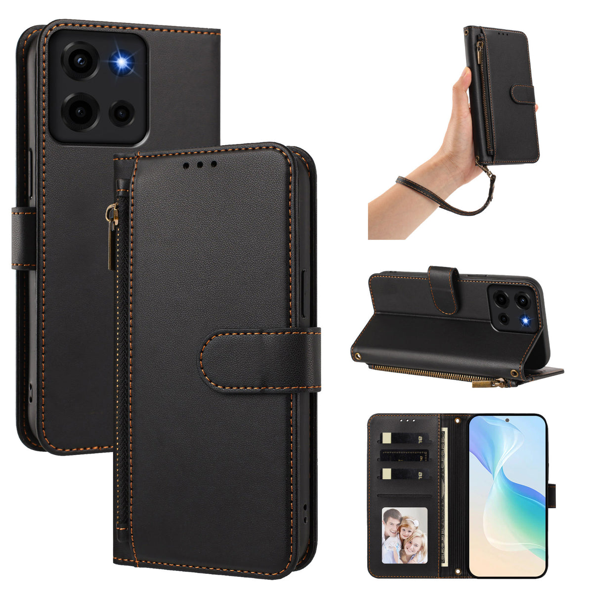black Motorola Moto G Play leather phone cover set showing rear camera protection, wrist strap, desktop kickstand, and open card holder slots⁠