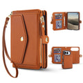 Multi-angle showcase of the rich brown leather wallet case for iPhone DUO, featuring a main purse view with wristlet lanyard, an open folio view displaying interior card slots and clear ID window, and rear camera cutout with card storage.