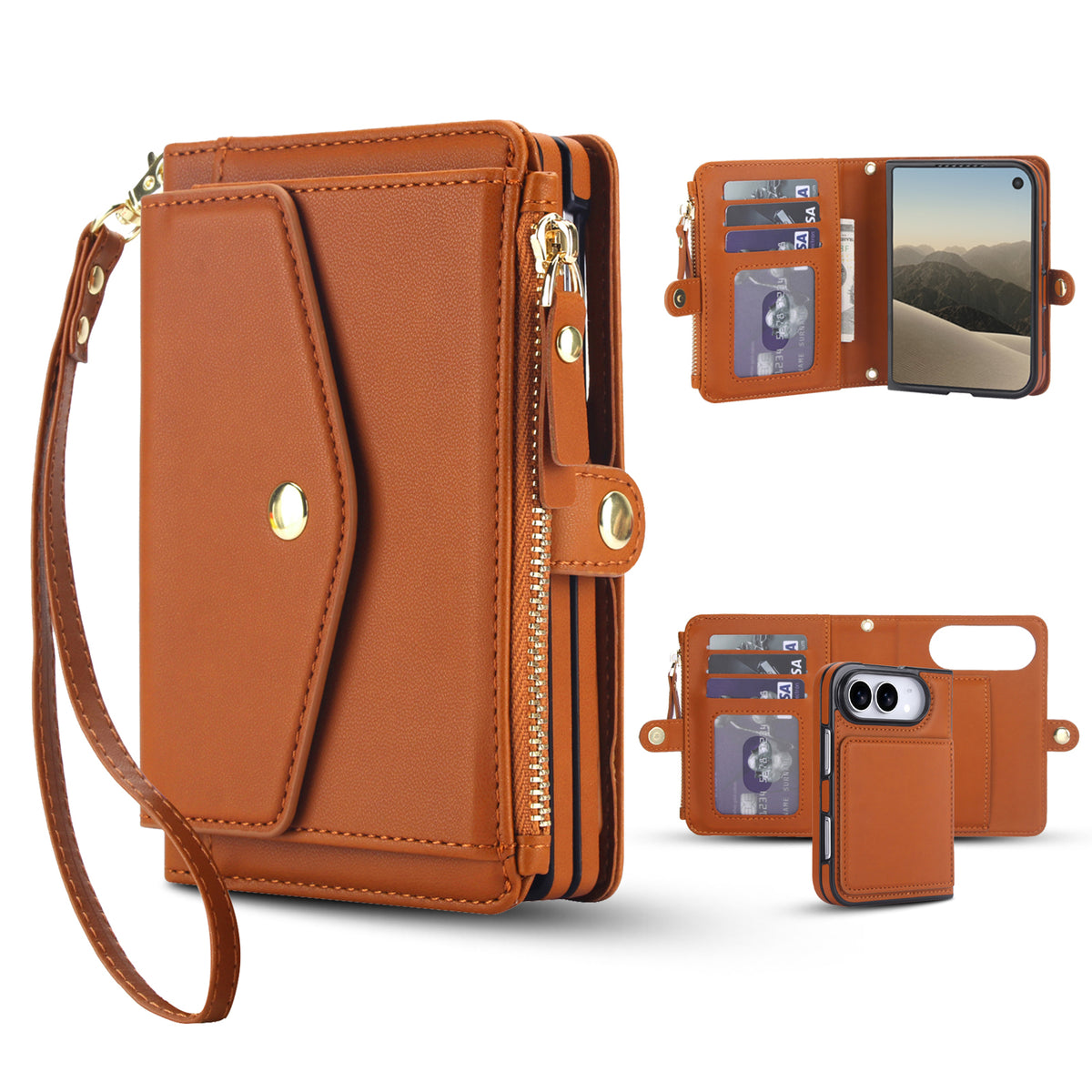 Multi-angle showcase of the rich brown leather wallet case for iPhone DUO, featuring a main purse view with wristlet lanyard, an open folio view displaying interior card slots and clear ID window, and rear camera cutout with card storage.