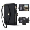 Multi-angle showcase of the classic black leather wallet case for iPhone DUO, featuring a main purse view with wristlet lanyard, an open folio view displaying interior card slots and clear ID window, and rear camera cutout with card storage.