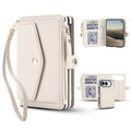 Multi-angle showcase of the creamy white leather wallet case for iPhone DUO, featuring a main purse view with wristlet lanyard, an open folio view displaying interior card slots and clear ID window, and rear camera cutout with card storage.