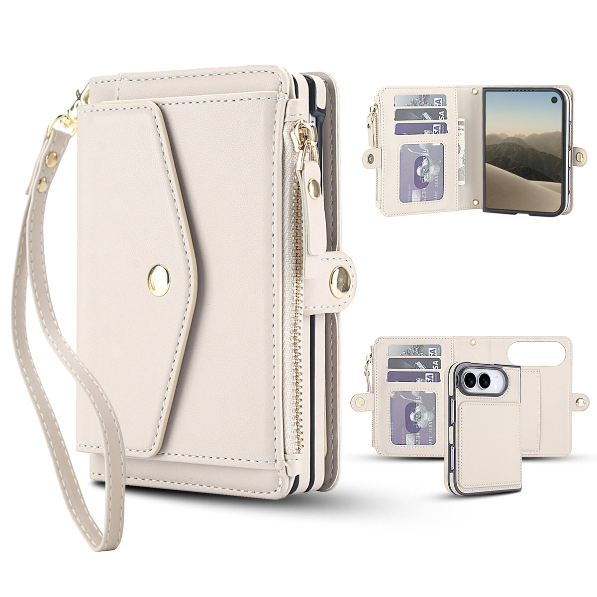Multi-angle showcase of the creamy white leather wallet case for iPhone DUO, featuring a main purse view with wristlet lanyard, an open folio view displaying interior card slots and clear ID window, and rear camera cutout with card storage.