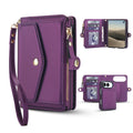 Multi-angle showcase of the dark violet purple leather wallet case for iPhone DUO, featuring a main purse view with wristlet lanyard, an open folio view displaying interior card slots and clear ID window, and rear camera cutout with card storage.