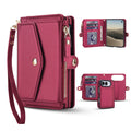Multi-angle showcase of the deep magenta red leather wallet case for iPhone DUO, featuring a main purse view with wristlet lanyard, an open folio view displaying interior card slots and clear ID window, and rear camera cutout with card storage.
