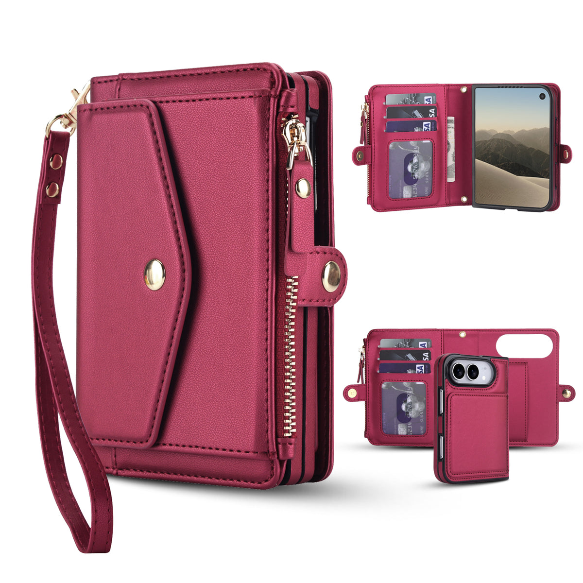 Multi-angle showcase of the deep magenta red leather wallet case for iPhone DUO, featuring a main purse view with wristlet lanyard, an open folio view displaying interior card slots and clear ID window, and rear camera cutout with card storage.