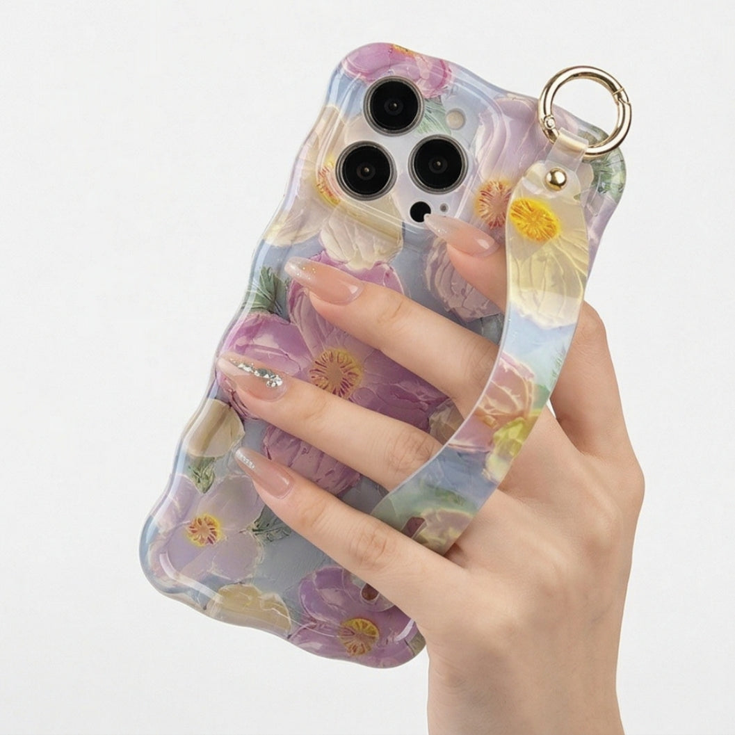 floral iphone case with wrist strap on hand daily use shopping