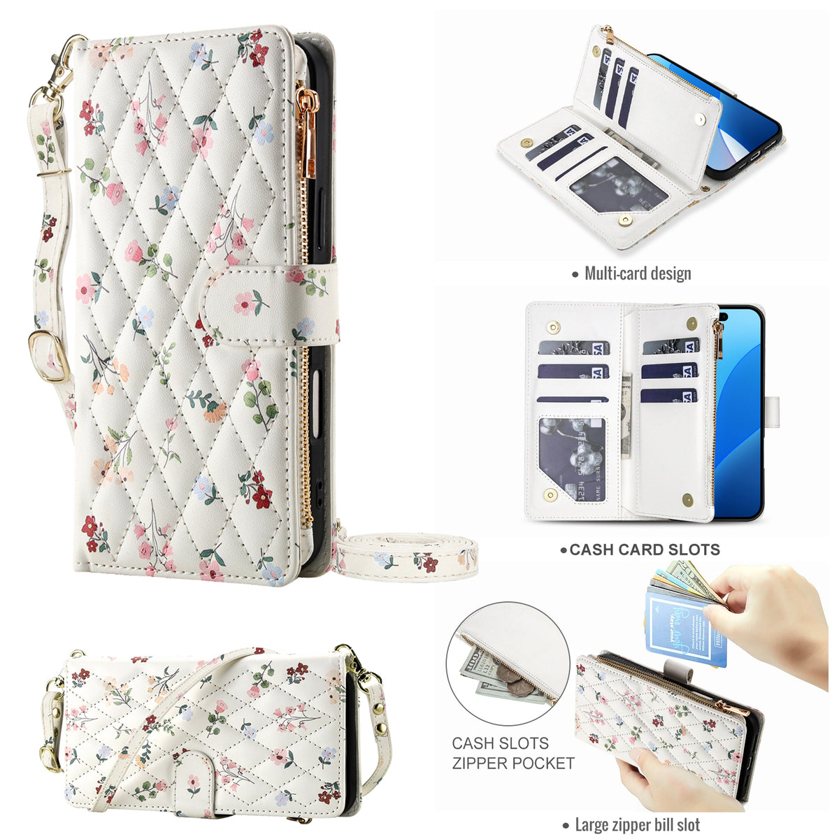 iPhone 17 Pro Max floral leather purse case featuring pink and green wildflower design, wristlet lanyard, card holder, and zipper coin compartment