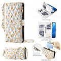 iPhone 17 Pro luxury leather wallet case featuring yellow flower floral pattern, magnetic closure, card slots, and crossbody purse strap