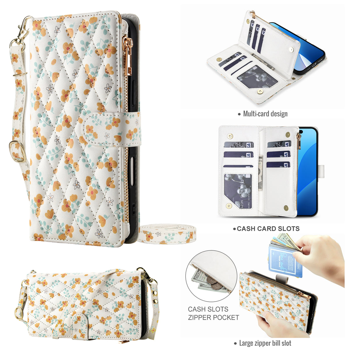 iPhone 17 Pro luxury leather wallet case featuring yellow flower floral pattern, magnetic closure, card slots, and crossbody purse strap