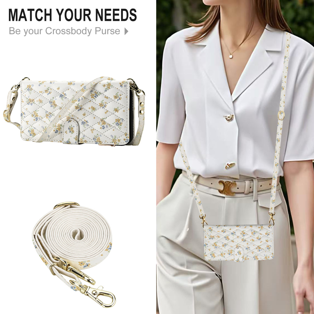 Three wearing styles for iPhone 18 Pro Max floral leather case bracelet wristlet, shoulder bag, and crossbody