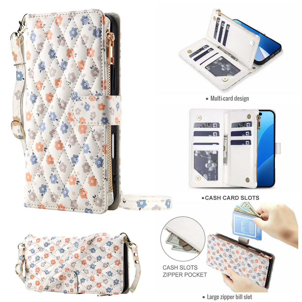 iPhone 18 Pro Max quilted floral wallet case in orange and blue blossom pattern with crossbody strap, card slots, and zippered bill pocket