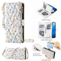 iPhone 18 Pro quilted floral phone case with blue and purple botanical print, adjustable shoulder strap, 6 card slots, and zippered cash pocket
