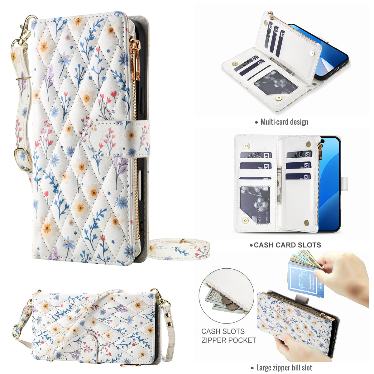iPhone 18 Pro quilted floral phone case with blue and purple botanical print, adjustable shoulder strap, 6 card slots, and zippered cash pocket