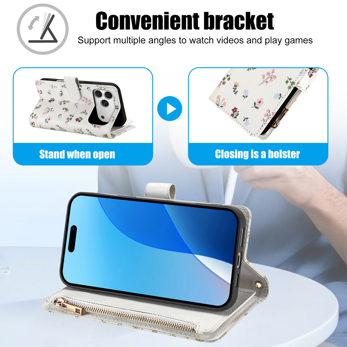 iPhone 18 floral leather case folded into a convenient hands-free viewing bracket stand