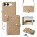 iPhone DUO leather crossbody case in beige featuring quilted zipper wallet and wristlet strap