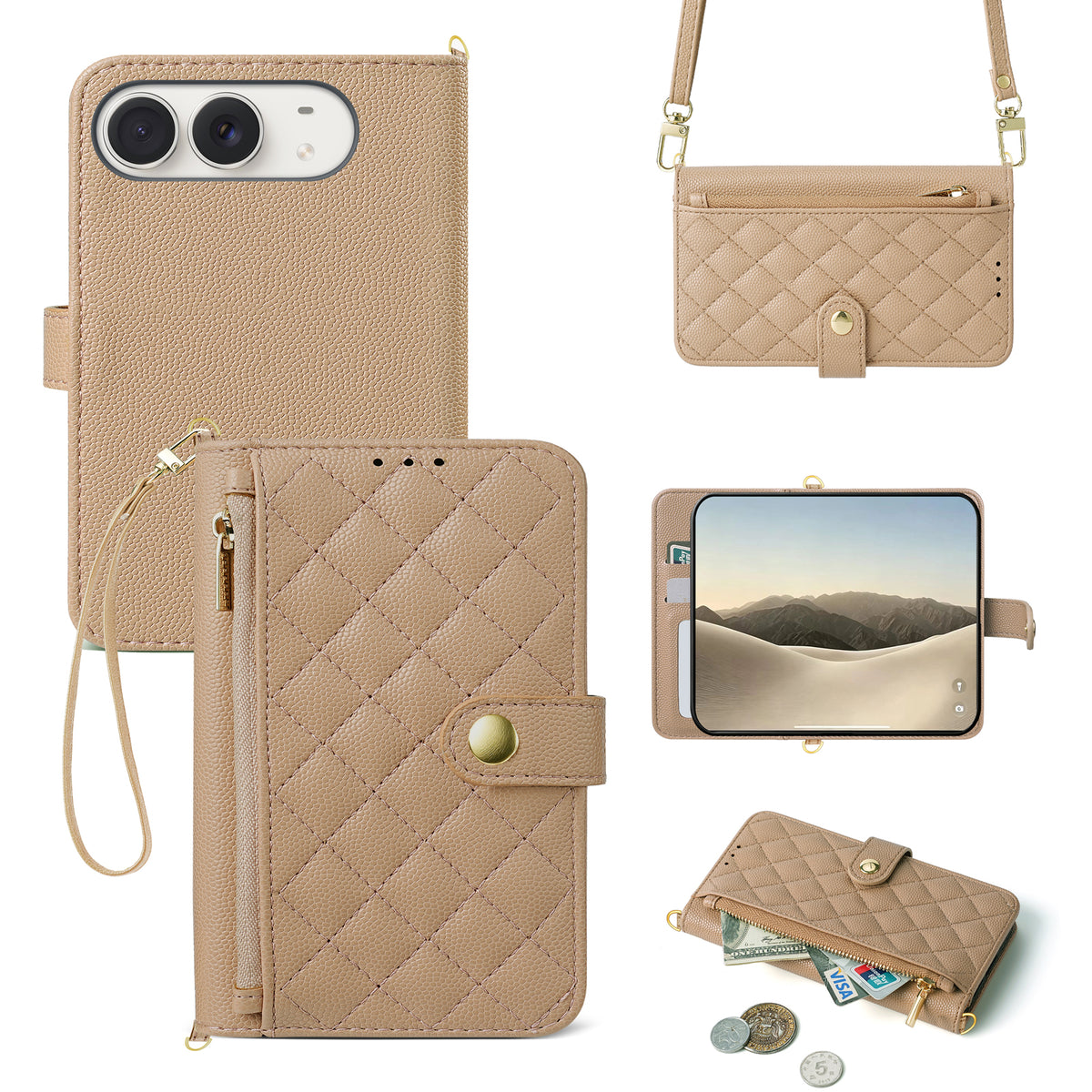 iPhone DUO leather crossbody case in beige featuring quilted zipper wallet and wristlet strap