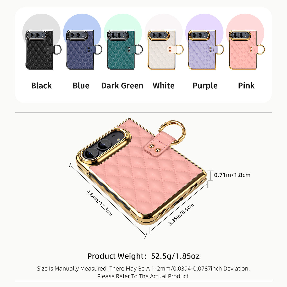iPhone DUO luxury leather case size dimensions 4.84x3.35x0.71 inches and 6 color variants