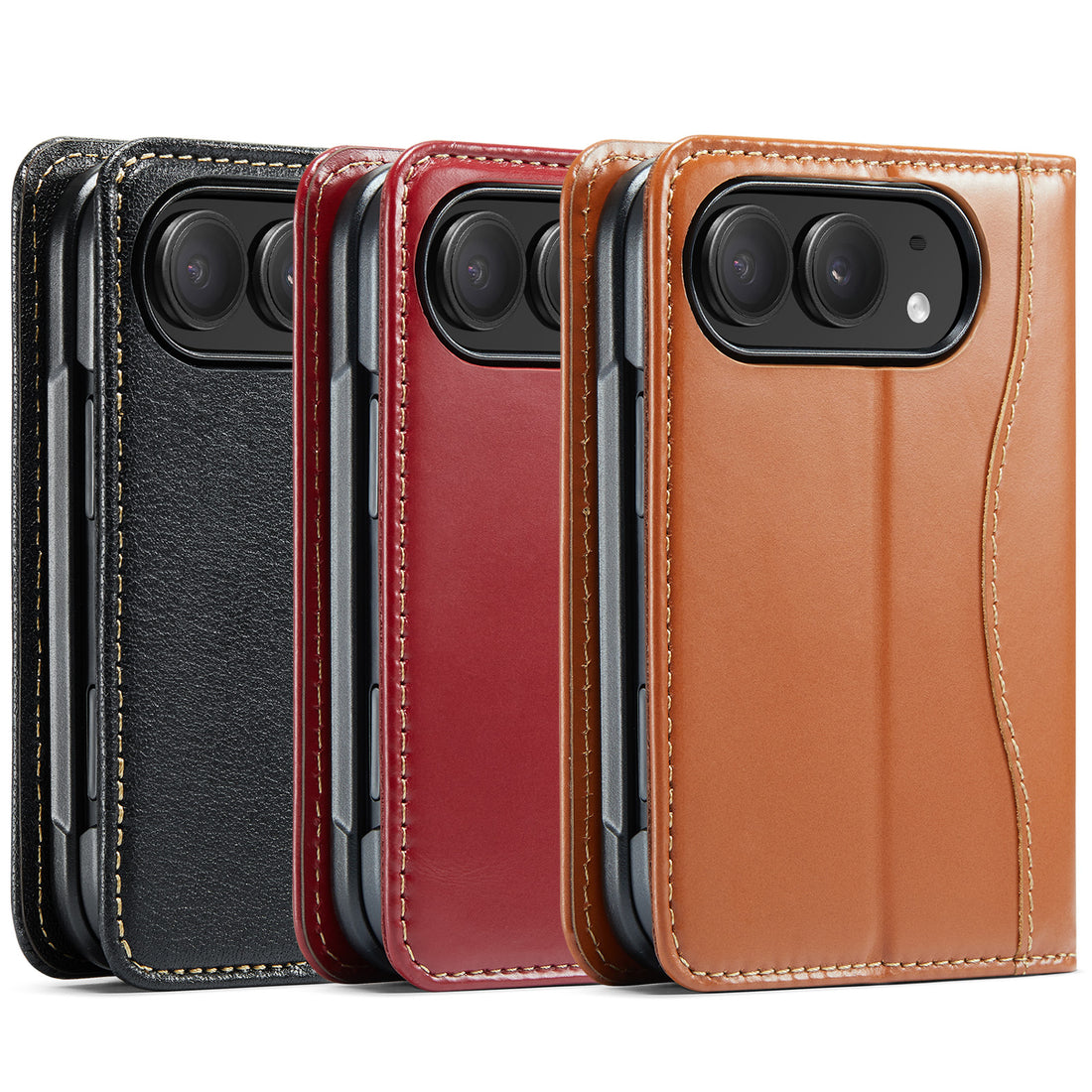 iPhone DUO luxury leather wallet cases lined up showing rear camera cutouts in Classic Black, Deep Red, and Vintage Brown color choices.
